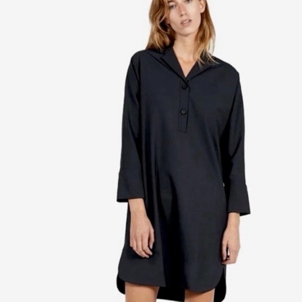 EVERLANE The Artist Smock Black Shirt Dress Wool Mini High Low Hem Size XS